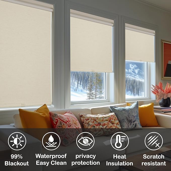 HESTIA No Drill Cordless Blackout Roller Shades Screwless Waterproof Shower Window Blinds, Auto-Retraction Easy Install Blind for Bedroom/Living Room/Kitchen, Cream Linen, 36.5" W x 54" H