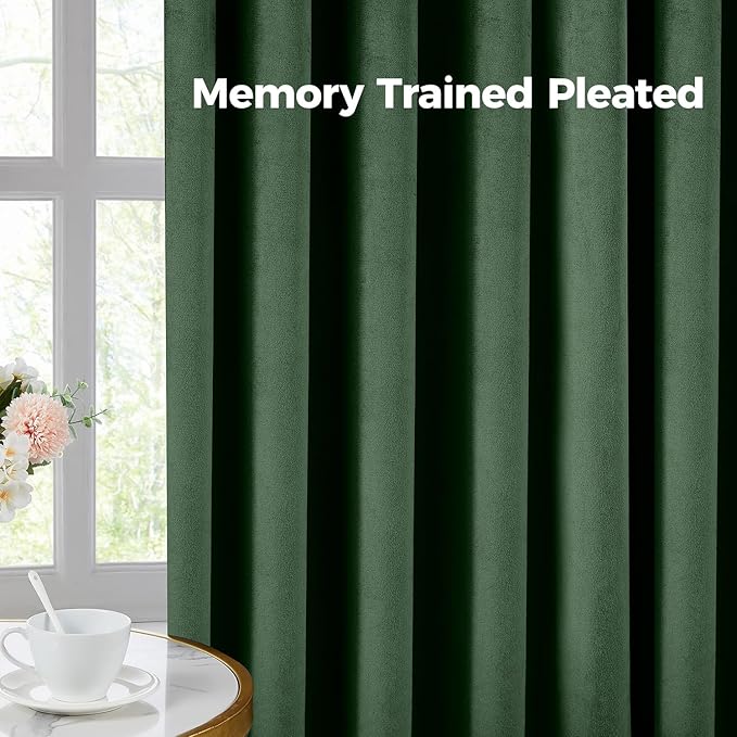 Pinch Pleated 100% Blackout Curtains for Bedroom, Olive Green Velvet Curtains for Living Room, Black Out Curtain 108 inch long Room Darkening, Blackout Pinch Pleat Drapes with Hooks 2 Panels