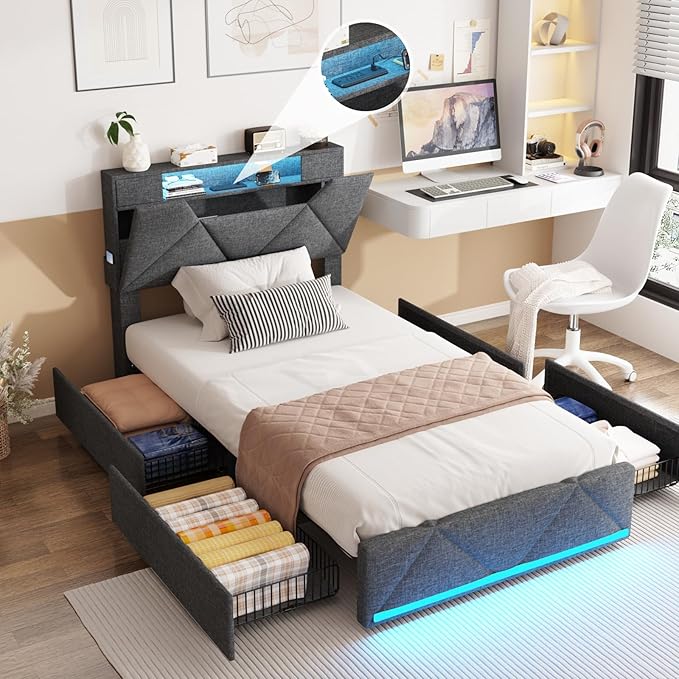 Vabches Twin Bed Frame with Storage Headboard and 4 Drawers,Upholstered Platform with Charging Station and Led Lights,Adjustable Headboard,No Box Spring Needed,Dark Grey