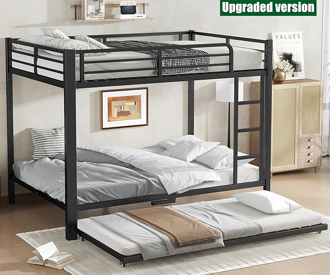 TSAMPA Latest Upgraded & Stronger Metal Bunk Bed Full Over Full Size, More Stable & Safer Steel Heavy Duty Bunkbed Frame with Twin Size Trundle (Full)