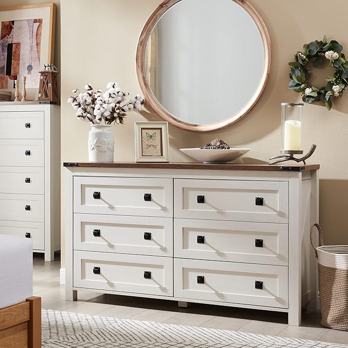 T4TREAM Farmhouse 6 Drawers Dresser for Bedroom, Wood Rustic Wide Chest of Drawers, Storage Dressers Organizer for Bedroom, Living Room, Hallway, Antique White
