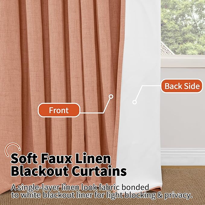 Terracotta Linen Blackout Curtains 54 Inch Long 2 Panels for Bedroom, Thermal Insulated Total Light Blocking Noise Reducing Window Curtains for Farmhouse Living Room, Each 52x54 Inch 2 Panels