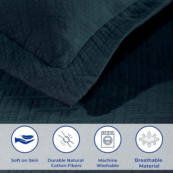 Superior 100% Cotton Basket Weave Bedspread with Shams, All-Season Premium Cotton Matelasse Jacquard Bedding, Quilted-Look Geometric Basket, Full, Deep Sea