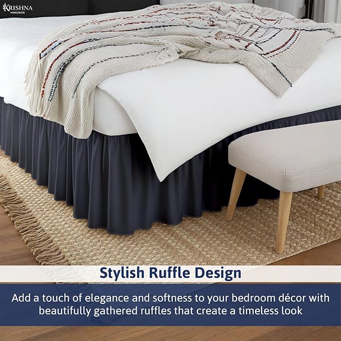 KRISHNA Ruffled Bed Skirt with Split Corners Twin, 100% Microfiber Hotel Quality, 28 Inch Drop Dust Ruffle Gathered Bedskirt with Platform, 39" x 75", Dark Grey
