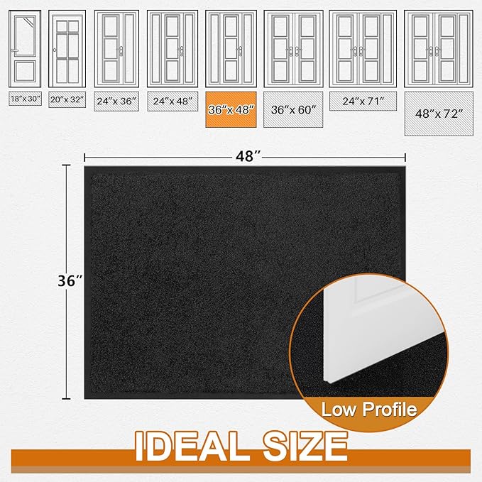 Mibao Dirt Trapper Door Mat for Indoor Outdoor, Waterproof All-Season, All-Weather Doormat, Heavy Duty Non-Slip Entrance Rug, Low Profile Absorbent Entrance Mat Carpet, 36" x 48", Black