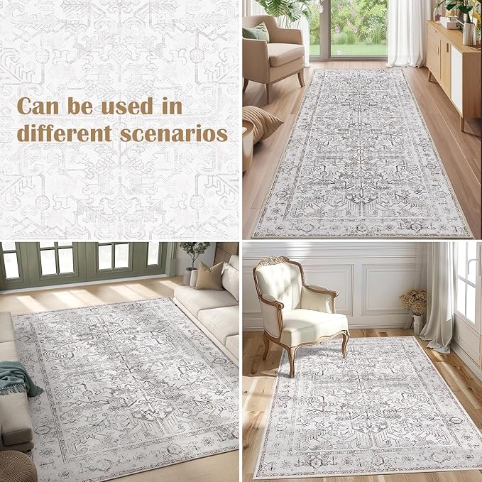 jinchan Runner Rug 2x5 - Vintage Hallway Machine Washable Rug Floral Non Slip with Rubber Backing Ultra-Thin Carpet Runner for Kitchen Bedroom Laundry Room Farmhouse Entryway (2x5ft,Taupe)