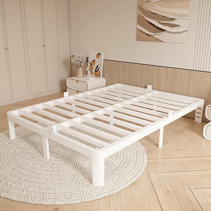 12 Inch Queen Bed Frame No Box Spring Needed, Platform Bed Frame with Metal Gaskets, Heavy Duty Steel Slat Support, Anti-Slip Mattress Stopper, Round Corner Leg, Easy Assembly, White