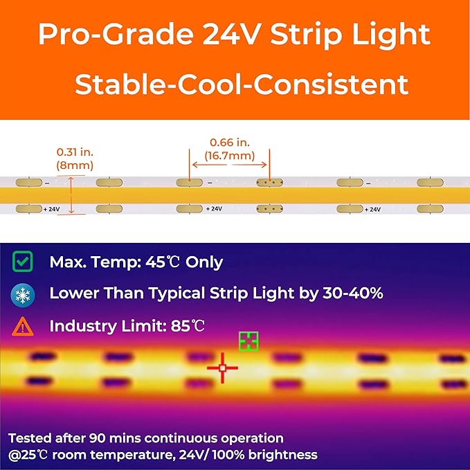 COB LED Strip Lights Warm White 3000K, 24V DC Premium Tape Light with Strong 3M VHB Tape, CRI 95, UL Listed, Cuttable, Dimmable, 3W/FT for Bedroom, Kitchen, Cabinet (NO Power Supply)