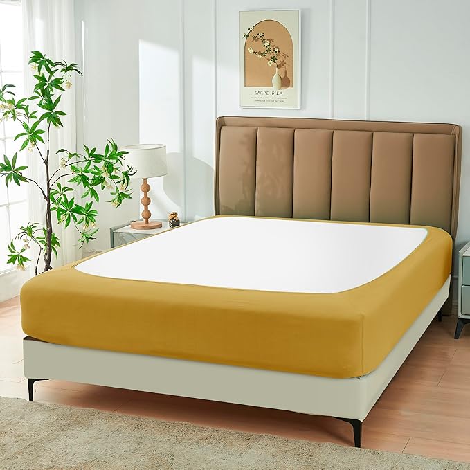 Biscaynebay Decorative Box Spring Cover Queen Size, Gold Luxurious Jersey Knitting Stretchy Wrap Around 4 Sides Bed Skirt for Home/Hotels, Easy Fit Wrinkle & Fade Free Machine Washable