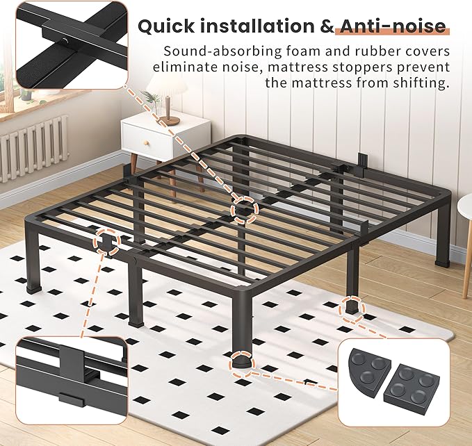 14 Inch California King Heavy Duty 3500 lbs Bed Frame with Round-Corner Legs & Anti-Squeak Design – Quick Assembly Metal Platform, No Box Spring Needed