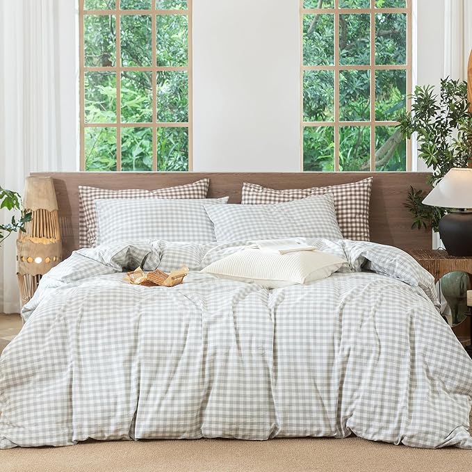 MooMee Gingham Duvet Cover Set 100% Washed Cotton Linen Like Textured Breathable Durable Soft Comfy Modern Checkered Design (Northern Droplet Grey Gingham, Queen 90"x90")