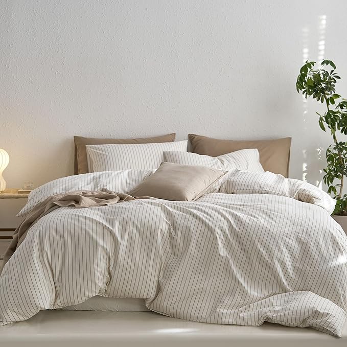 MooMee Striped Duvet Cover Set 100% Washed Cotton Linen Like Textured Breathable Durable Soft Comfy (White Tannish Linen Grey Wide Stripes, Twin 68"x90")
