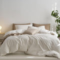 MooMee Striped Duvet Cover Set 100% Washed Cotton Linen Like Textured Breathable Durable Soft Comfy (White Tannish Linen Grey Wide Stripes, Palatial King/Oversized King 120"x98")