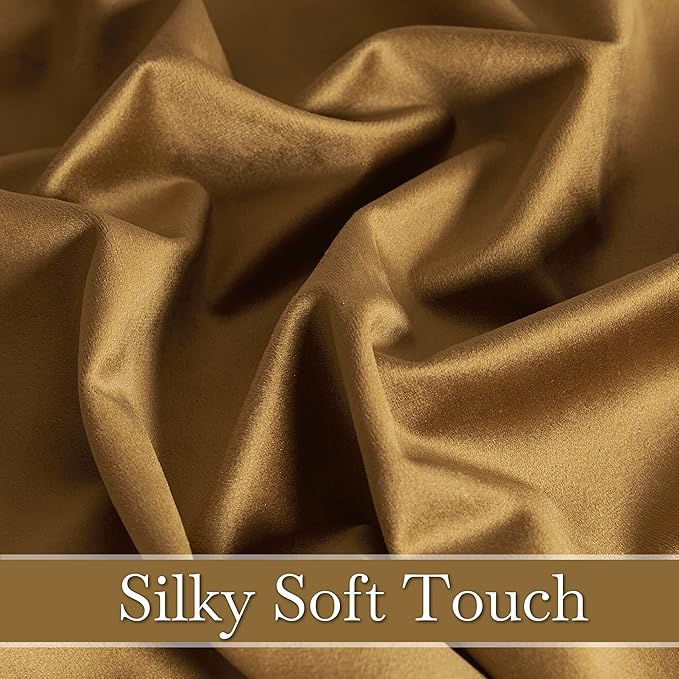 RYB HOME Velvet Curtains 96 inches, Soft Durable Drapes Room Darkening Privacy Window Treatment Farmhouse Decor for Living Room Sliding Glass Door, Golden Brown, W52 x L96 inches, Set of 2