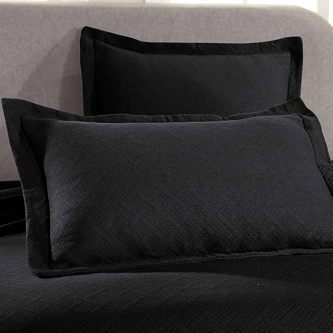 Superior 3 Piece Basketweave Cotton Bedspread Set, Home Bed Decor, Decorative Bed Spread, 2 Pillow Shams, Medium Weight Blanket, Matelasse Coverlet Bedding, Geometric Lattice Pattern, Queen, Black