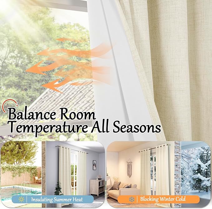 Linen Blackout Curtains for Living Room Narrow Window, Thermal Insulated Complete Light Blocking Privacy Soundproof Small Curtains for Bedroom, Each 38 Inch Wide 80 Inch Length 2 Panels, Cream