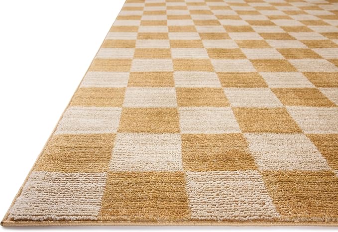 Loloi Chris Loves Julia Calvin Collection CLV-01 Apricot/Ivory 5'-3" x 5'-3" Round Area Rug Checkered Neutral Soft Living Room Bedroom Carpet