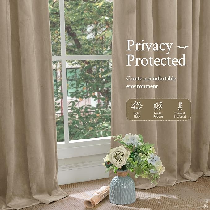 LAMIT Velvet Curtains 96 Inch for Living Room, Taupe Thermal Room Darkening Drapes for Bedroom Super Soft Elegant Back Tab and Rod Pocket Panels for Sliding Glass Door, 2 Panels, 52 x 96 Inch