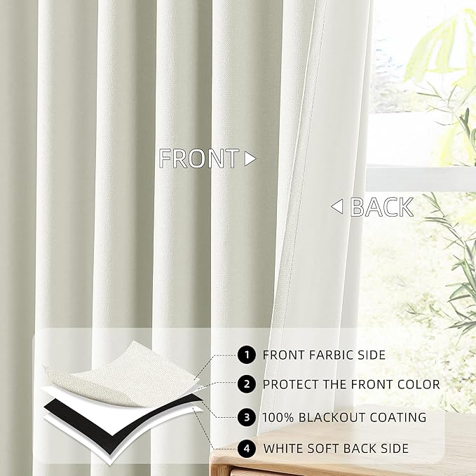 ChrisDowa 100% Blackout Iovry Solid Curtains 54 Inches Long 2 Panels for Bedroom Living Room,Farmhouse Room Darkening Thermal Insulated Soundproof Grommet Top Window Treatment Drapes,52x54