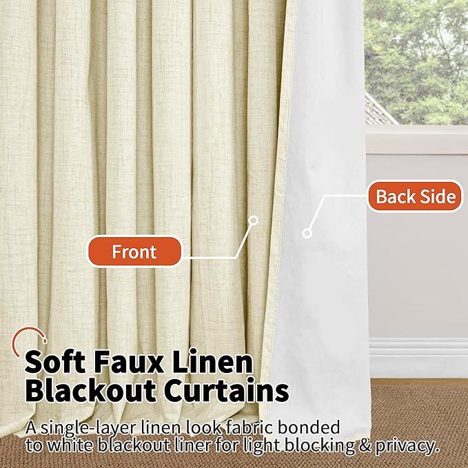 Linen Blackout Curtains for Living Room Narrow Window, Thermal Insulated Complete Light Blocking Privacy Soundproof Small Curtains for Bedroom, Each 38 Inch Wide 80 Inch Length 2 Panels, Cream