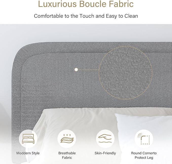 BarnFurin King Size Boucle Bed Frame and Headboard, Cloud Upholstered Platform Bed Frame, Modern Style, Soft Rounded Corners, No Box Spring Required, Easy Assembly, Light Grey