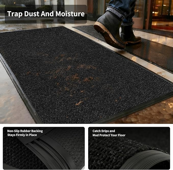 3ft x 5ft Front Door Mat Indoor Outdoor Entrance, Commercial Heavy Duty Entryway Matt, Non-Slip Rubber Backing Low Profile Doormat, Waterproof Dirt Trapper Welcome Mat for High Traffic Area