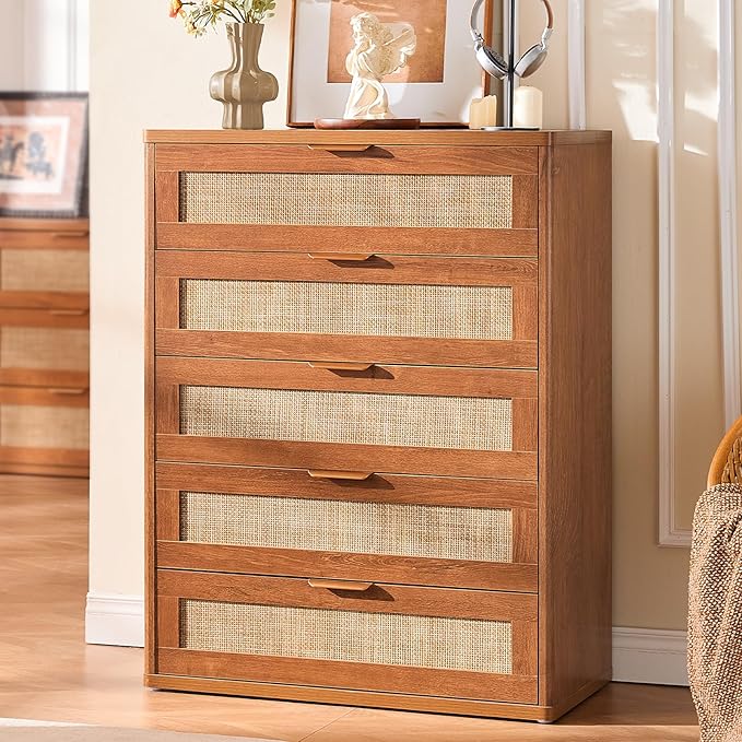 LEYAOYAO Dresser for Bedroom, 41" Tall Chest of Drawers, Modern 5 Drawers Boho Rattan Dressers with Storage, Dresser Wooden Closet Organizer for Living Room, Hallway, Tea Brown