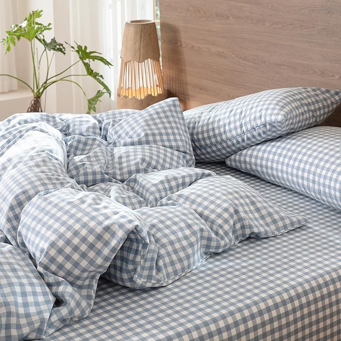 MooMee Gingham Duvet Cover Set 100% Washed Cotton Linen Like Textured Breathable Durable Soft Comfy Modern Checkered Design (Classic Gingham Cornflower Blue, Super King 108"x98")