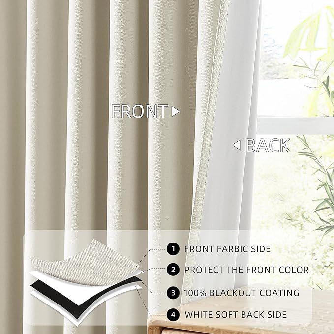 ChrisDowa 100% Blackout Birch Solid Curtains 84 Inches Long 2 Panels for Bedroom Living Room,Farmhouse Room Darkening Thermal Insulated Soundproof Grommet Top Window Treatment Drapes,52x84