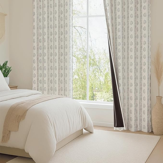 100% Boho Blackout Curtains 90 Inches Long for Bedroom, Black on Beige Patterned Bohemian Curtains for Living Room, Geometric Striped Thermal Insulated Window Drapes Gromment Top 2 Panels