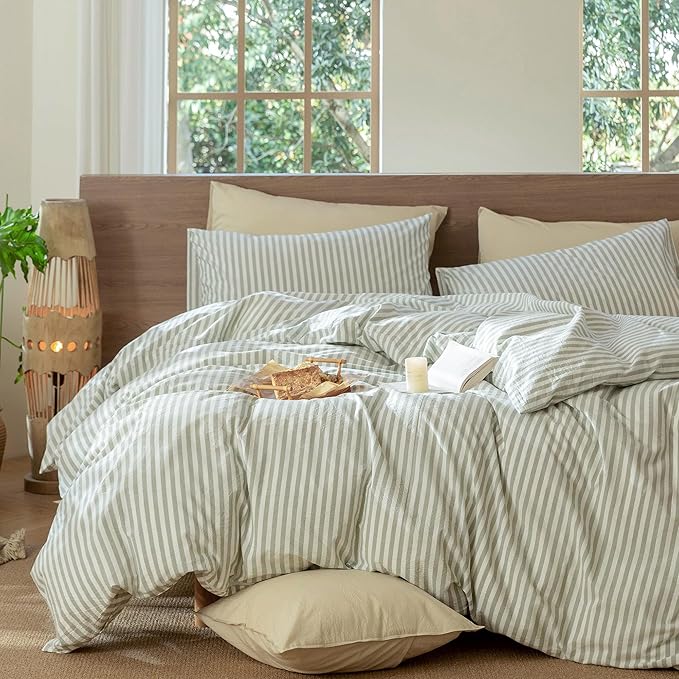 MooMee Striped Duvet Cover Set 100% Washed Cotton Linen Like Textured Breathable Durable Soft Comfy (Sage Green White Classic Stripes, Super King Plus 120"x120")