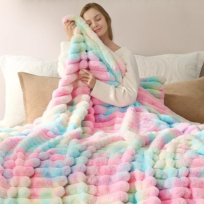 Cozy Bliss Faux Fur Throw Blanket for Couch, Cozy Warm Plush Striped Blanket for Sofa Bedroom Living Room, 60 * 80 Inches Tie-dye Rainbow