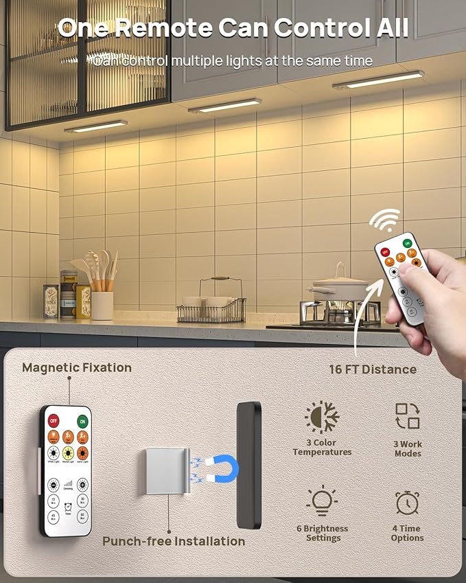 Under Cabinet Lights Wireless,Motion Sensor Light Indoor with Remote Control,2500mAh LED Rechargeable Battery Operated Closet Light,3 Color Temps,Under Counter Lights for Kitchen,Stairs,4 Pack