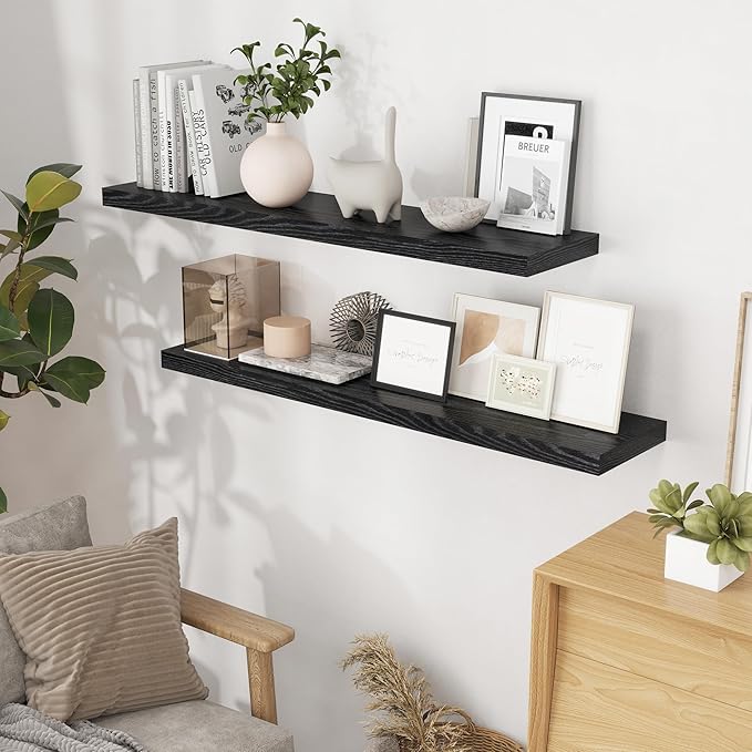Fun Memories Floating Shelves for Wall, 48 x 9.3 Large Floating Shelf Wall Mounted Set of 2, Rustic Wood Shelves for Bathroom, Kitchen, Living, Heavy-Duty Storage Deep Shelf for Books, Decor, Black