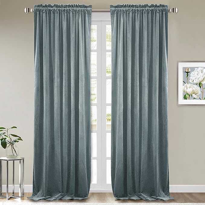 StangH Stone Blue Curtains for Living Room Sliding Door, Elegant Velvet Thermal Insulated Privacy Drapes for Bedroom/Kids, Heavy Soft Home Decor, W52 x L100, 2 Panels