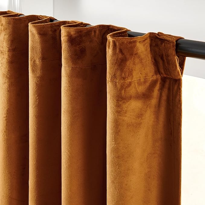 Lazzzy Velvet Blackout Curtains Thermal Insulated Curtains Room Window Drapes Super Soft Luxury Curtains for Living Room Bedroom Rod Pocket 2 Panels, 90 Inch Lined | Gold Brown