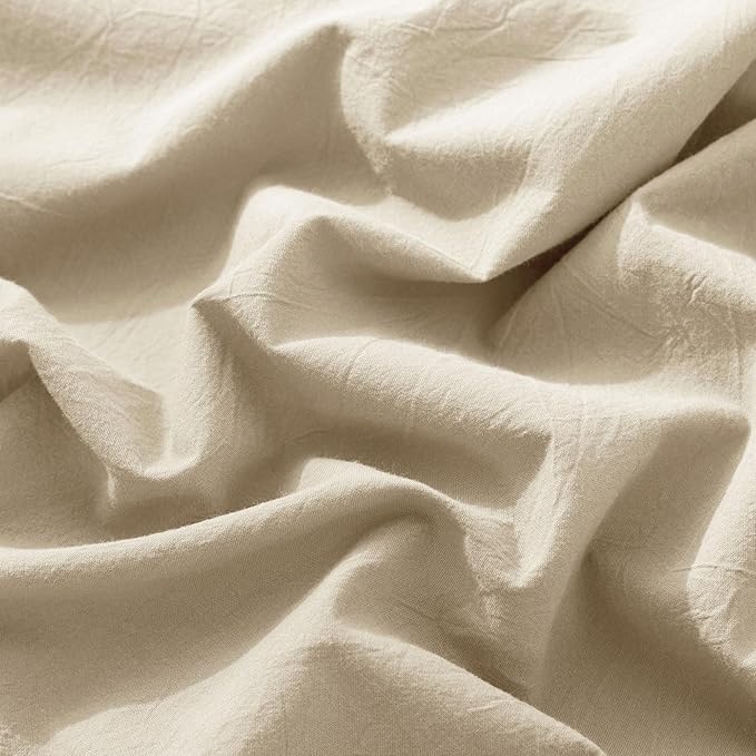 MooMee Fitted Bottom Sheet Only 100% Washed Cotton Linen Like Textured Breathable Durable Soft Comfy Deep Pocket Fits Mattress up to 17" (Almond Milk Grey, Queen)