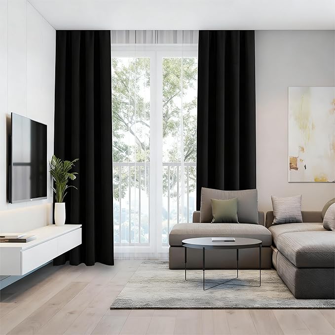Black Blackout Curtains 90 Inch Length 2 Panels Set, Black Out Curtains for Bedroom 90 Inch Long, Rod Pocket Energy Saving Room Darkening Drapes for Living Room Window(W52 x L90)