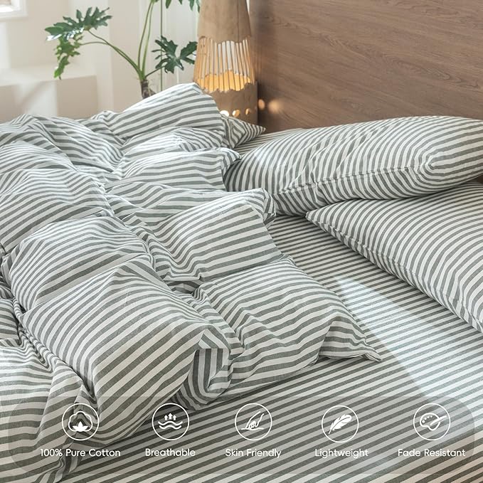 MooMee Striped Duvet Cover Set 100% Washed Cotton Linen Like Textured Breathable Durable Soft Comfy (Heathered Green Classic Stripes, Alaska King 132"x120")