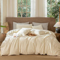 MooMee Wavy Striped Duvet Cover Set 100% Washed Cotton Linen Like Textured Breathable Durable Soft Comfy (Cream White, Palatial King/Oversized King 120"x98")