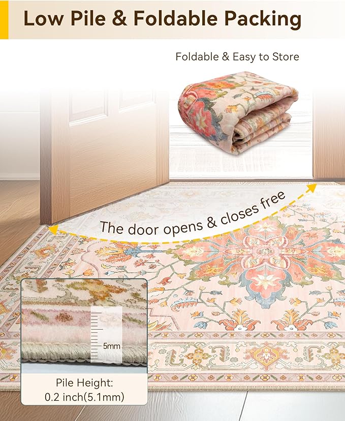 Area Rugs 2'x3' Washable Non-Slip, Floral Vintage Distress Print Pattern Medallion Carpet for Living Room Bedroom Dining Room, Light Pink Colorful