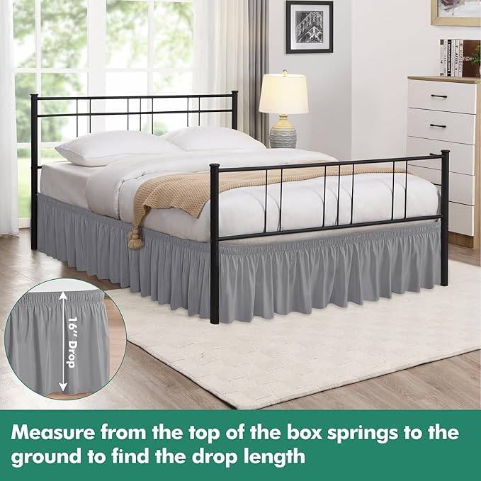 Biscaynebay Wrap Around Bed Skirts with Split Corners for Queen Beds 16" Drop, Silver Grey Elastic Dust Ruffles Adjustable Easy Fit Wrinkle & Fade Resistant Silky Luxurious Fabric Machine Washable