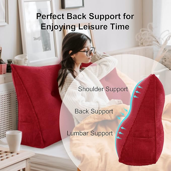 WOWMAX 100% Cotton Corduroy Headboard Pillow – King Size Back Support Reading Wedge for Bed & Daybed, Plush Handmade Bolster Cushion with Removable Cover, Cozy Bed Rest Pillow, Red