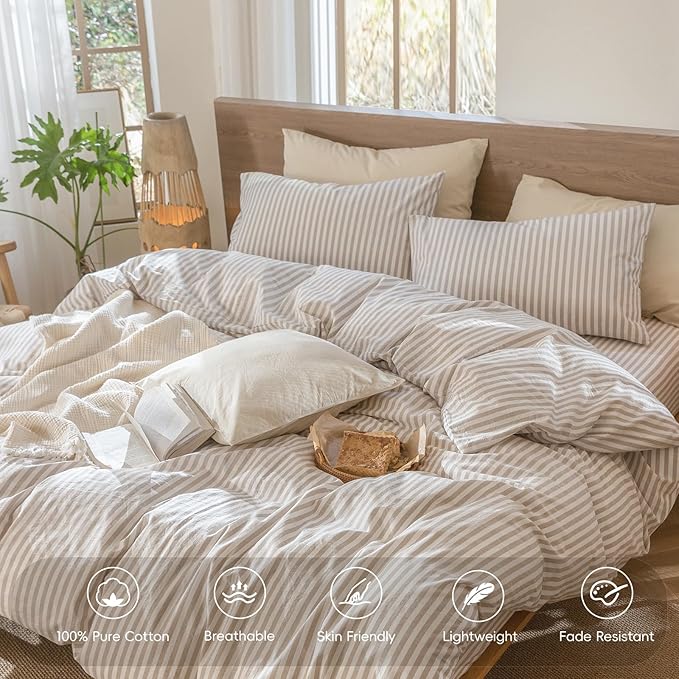 MooMee Striped Duvet Cover Set 100% Washed Cotton Linen Like Textured Breathable Durable Soft Comfy (Tannish Linen Grey White Classic Stripes, Super King Plus 120"x120")