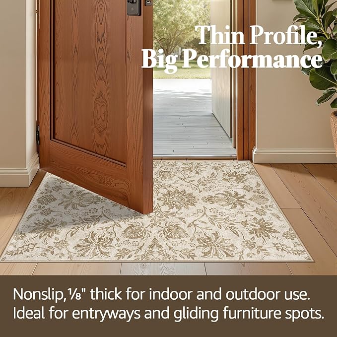 jinchan Torino Classic Floral Round Rug 6ft, Vintage-Inspired Neutral Design 6’Circle Rug, Machine Washable Ultra-Thin Low-Pile Non-Slip Indoor Carpet for Bedroom Living Room Entryway, Taupe