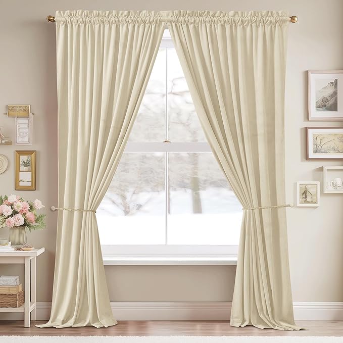 StangH Beige Velvet Curtains 96 inches Long - Luxury Room Darkening Privacy Protect Window Treatment Heavy Thick Sliding Door Drapes for Living Room/Bedroom, W52 x L96, 2 Panels