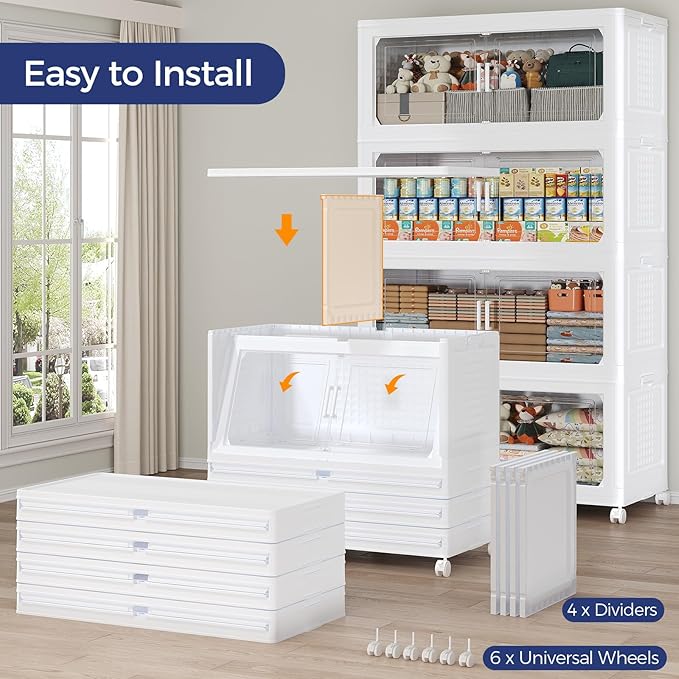 250GAL Storage Bins with Lid and Wheels, Stackable Closet Organizers and Storage Drawer, Collapsible Storage Box with Dividers, Foldable Plastic Cabinets for Room, Kitchen, 5 Pack White