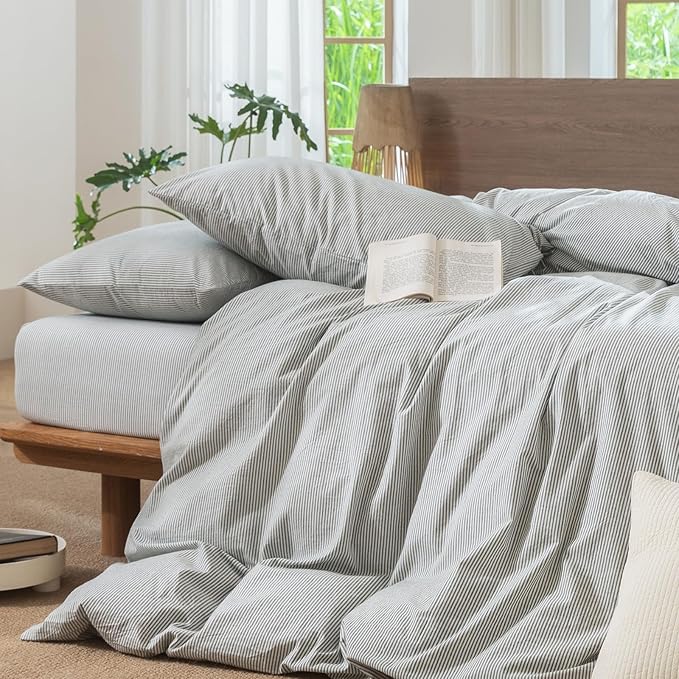 MooMee Striped Duvet Cover Set 100% Washed Cotton Linen Like Textured Breathable Durable Soft Comfy (Heathered Green Pinstripes, Super King 108"x98")