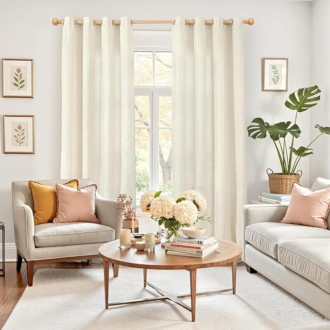 YoungsTex 90 Inch Length Beige Linen Curtains 2 Panels for Living Room, Light Filtering Drapes with Grommet No See Through for Dining Bedroom, 52 X 90 Inch