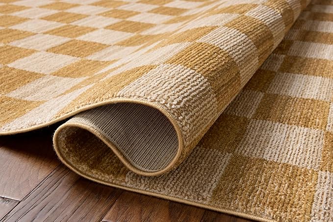 Loloi Chris Loves Julia Calvin Collection CLV-01 Apricot/Ivory 3'-6" x 5'-6" Accent Rug Checkered Neutral Soft Living Room Bedroom Carpet